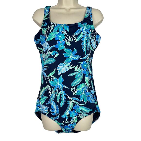 Lands' End‎ Swimsuit Womens 16 Long Blue Floral One Piece Tank Underwire Cups - Picture 1 of 16